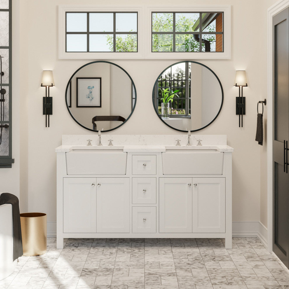 Yorkshire 60" Bathroom Vanity, White, Engineered Marble, Double