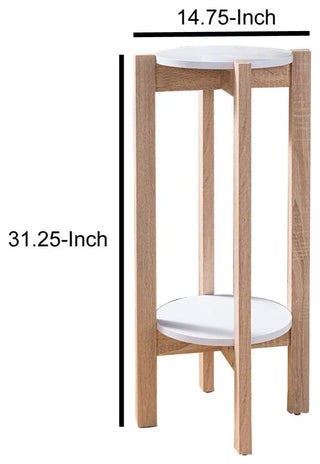 Benzara BM148923 2 Round Shelves Natural Wood Plant Stand, Light Brown & White