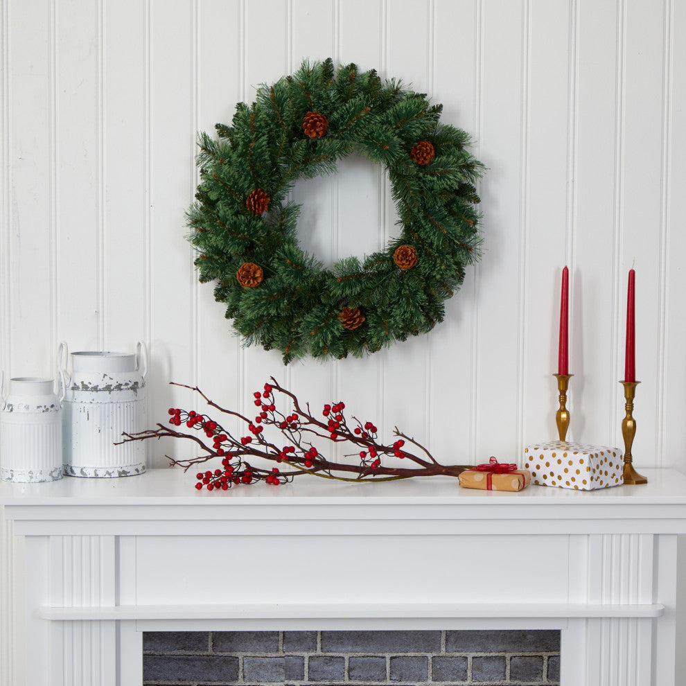 24" White Mountain Pine Faux Christmas Wreath With 35 LED Lights and Pinecones
