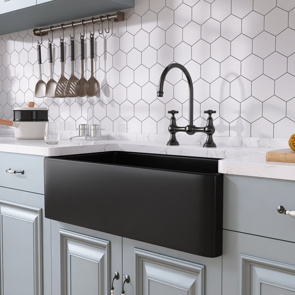 33 inch Black Single Farmhouse Kitchen Sink with Bottom Grid