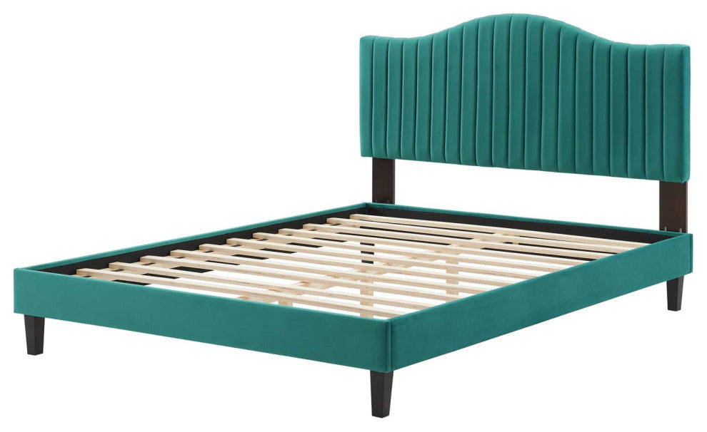 Tufted Platform Bed Frame, King Size, Velvet, Teal Blue, Modern Contemporary