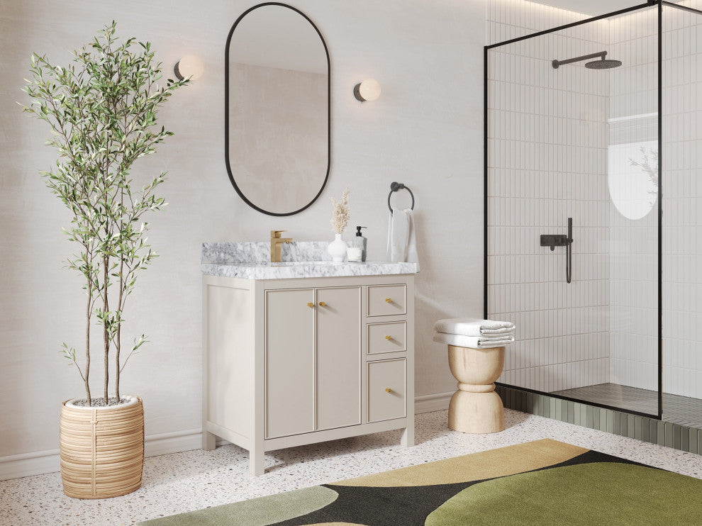 Chicago 36" Left Offset Bathroom Vanity, Fine Grain 2" Calacatta Laza