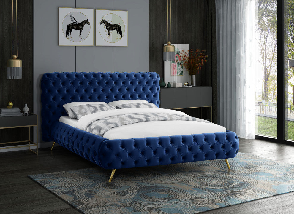 Delano Velvet Upholstered Bed, Navy, King