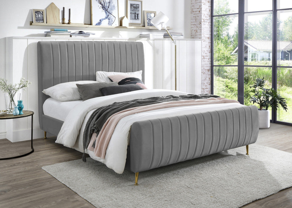 Zara Channel Tufted Velvet Upholstered Bed With Custom Gold Legs, Gray, King