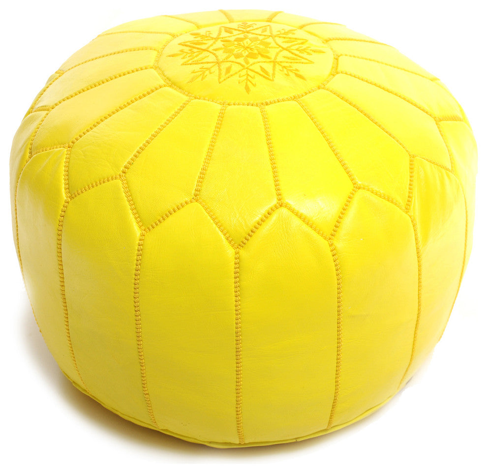 Moroccan Leather Pouf, Yellow