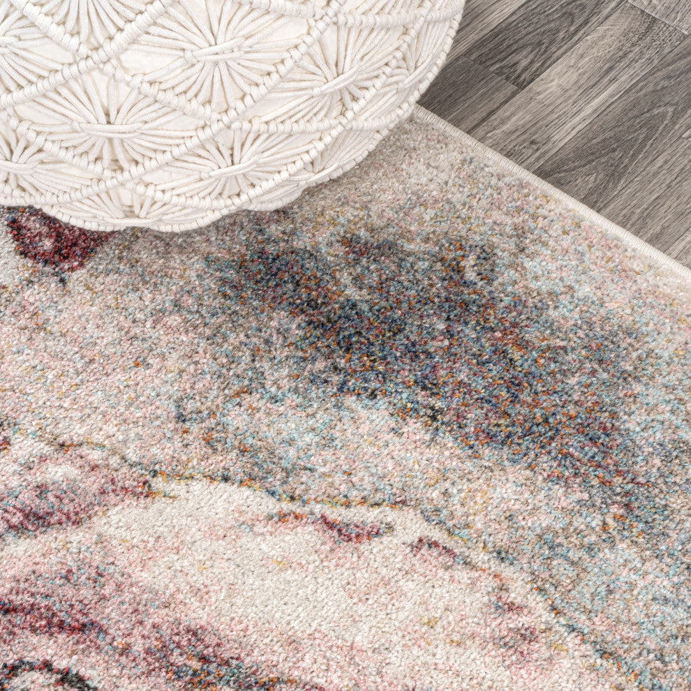 Pastello Modern Abstract Muted Flowers Area Rug, Pink/Gray, 2x8