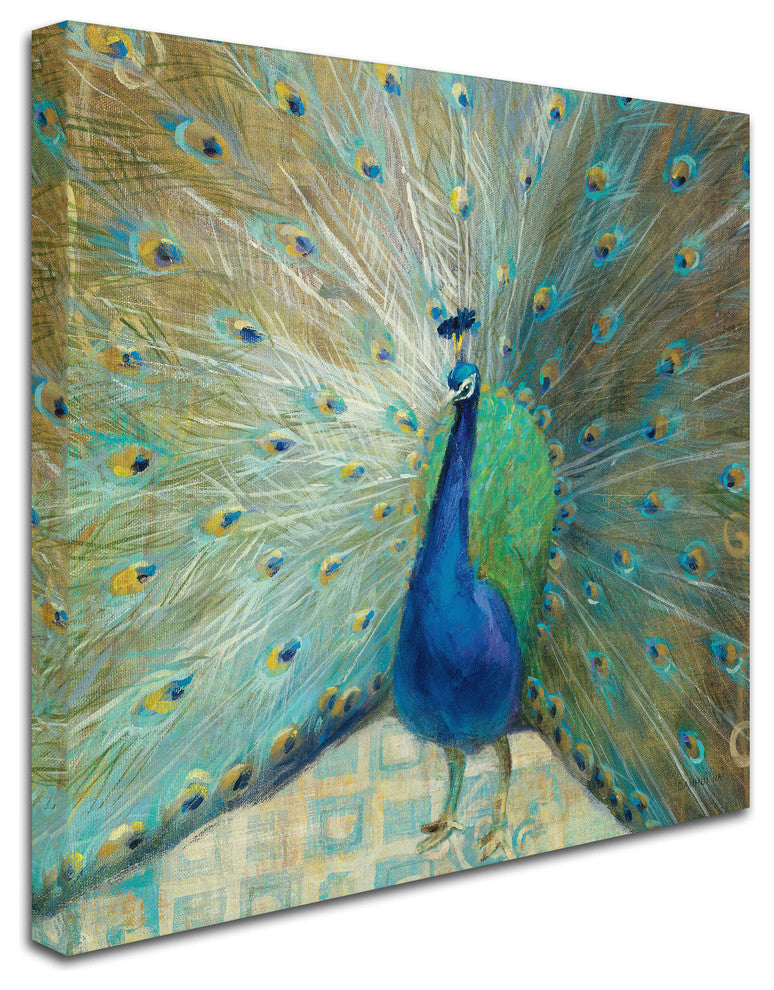 'Blue Peacock on Gold' Canvas Art by Danhui Nai