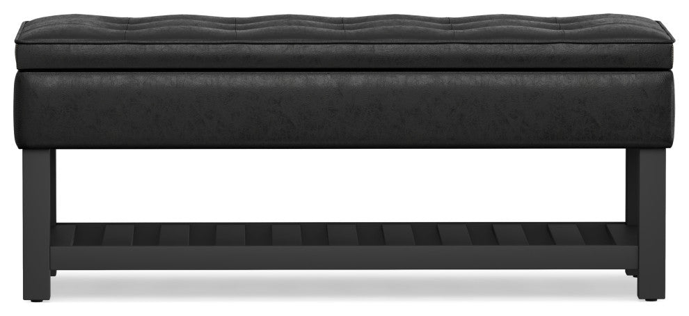 Cosmopolitan Storage Ottoman Bench With Open Bottom, Distressed Black Faux Leather