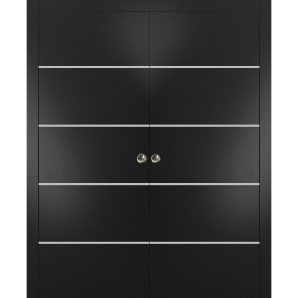 French Double Pocket Doors 84x84 | Planum 0210 Matte Black | Kit Trims Rail