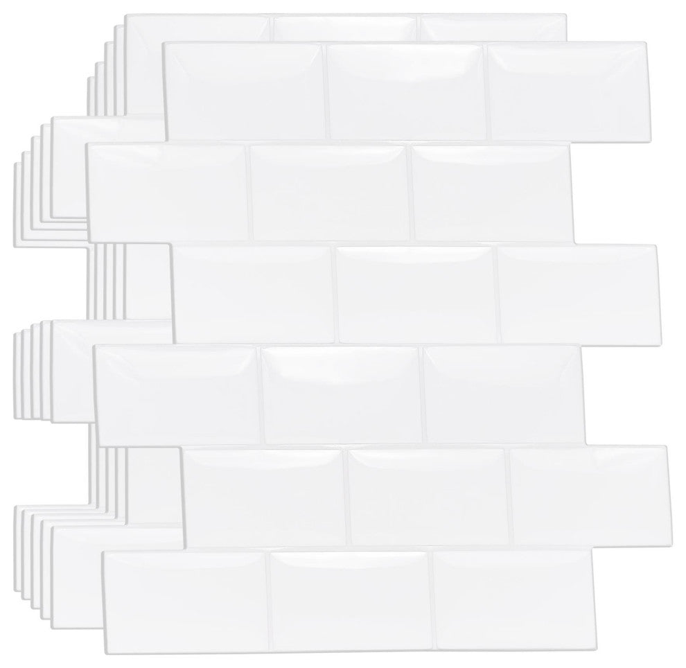 Pure White Glossy Subway Metro Classic Brick 3D Tile Sticker, 12"x6", Set of 20