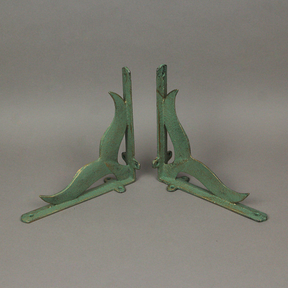 Set of 2 Cast Iron Verdigris Whale Tail Wall Bracket Shelf Decor