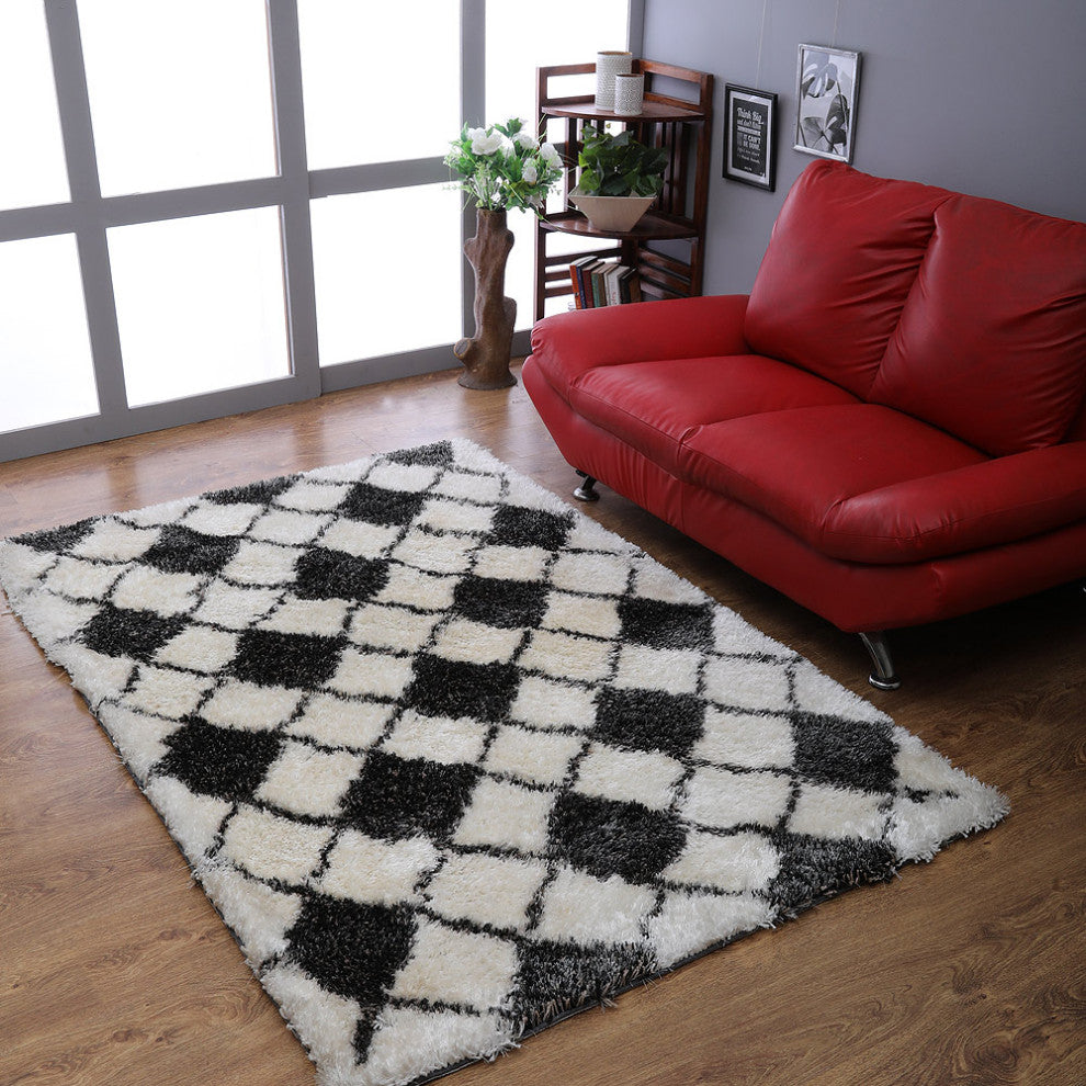 HAND TUFTED SHAG POLYESTER ECO-FRIENDLY AREA RUGS -  Gray White Color, Geometric