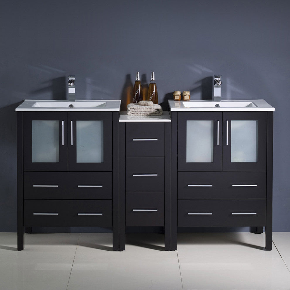 Torino 60" Double Bathroom Cabinet, Espresso, With Top and Integrated Sinks