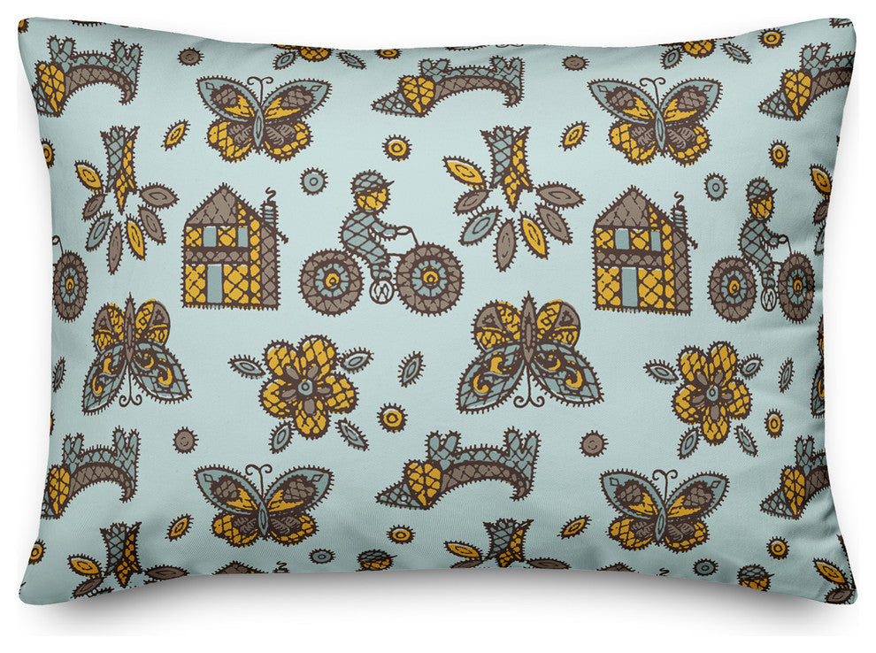 Kids Whimsical Folk Pattern in Blue Throw Pillow