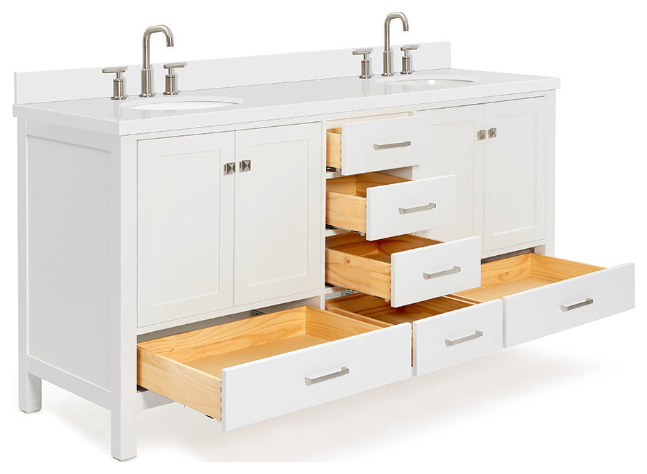 ARIEL Cambridge 73" Double Oval Sink Bathroom Vanity White with Quartz Top