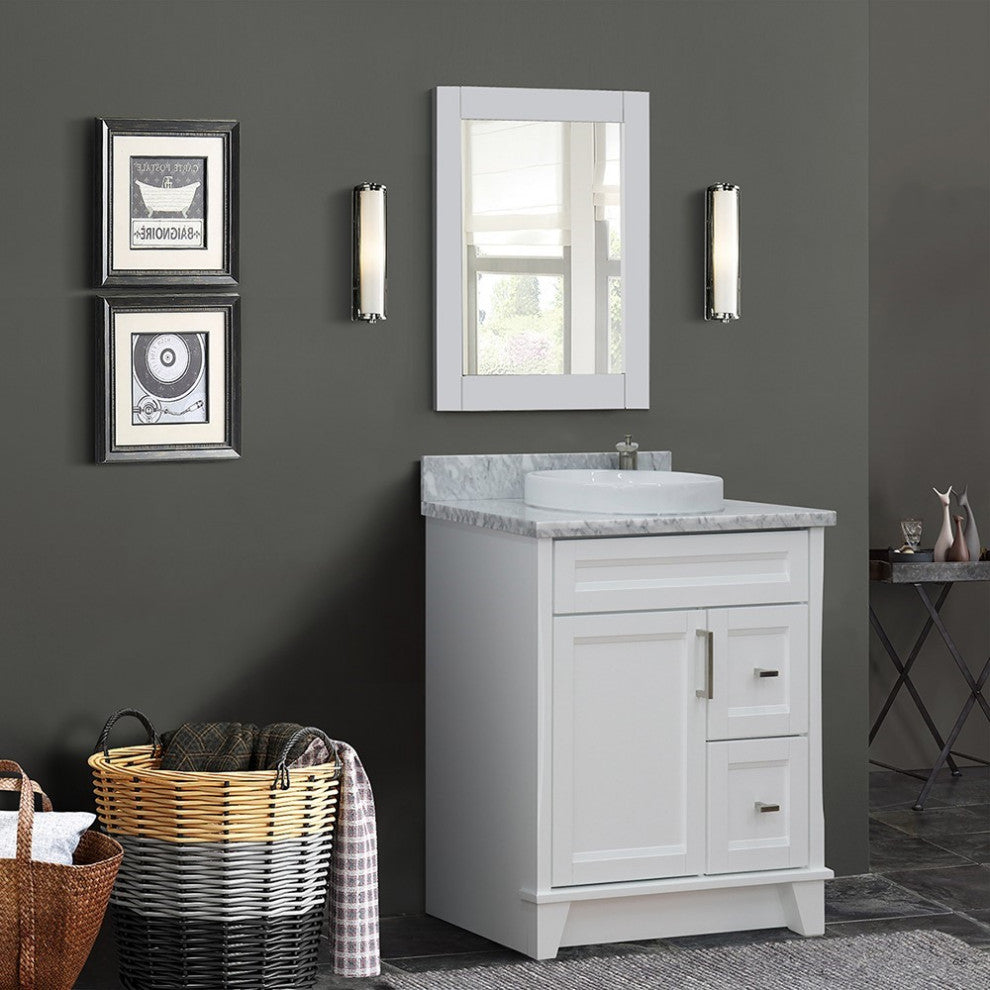 31" Single Sink Vanity, White Finish With White Carrara Marble With Round Sink