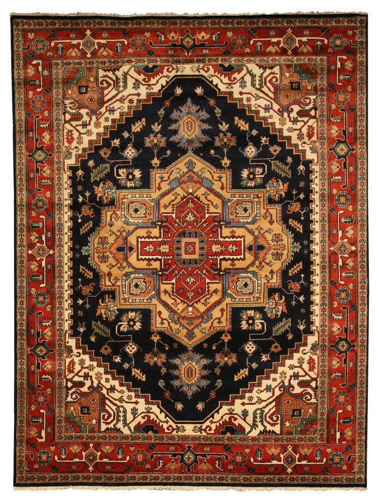 Hand-Knotted Wool Navy Traditional Oriental Serapi Rug, 10'' X 14''