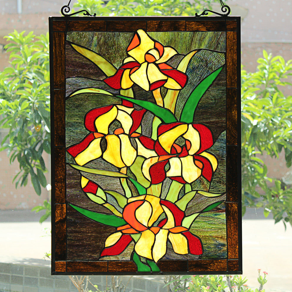 CHLOE Lighting FIRE LILY Tiffany-Style Floral Stained Glass Panel