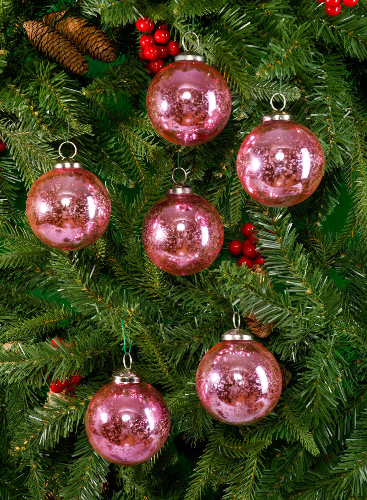 Set of 6 Antique Rose Pink Glass Ball Ornament in Window Box, 4"x3"