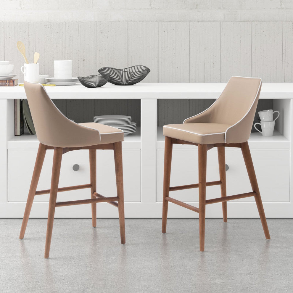 Counter Stool Chair, Fabric, Wood, Beige, Brown, Bar Kitchen Pub Cafe Bistro