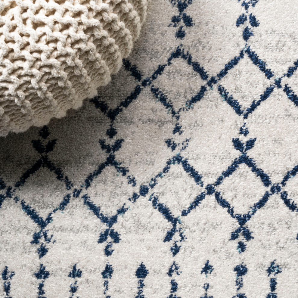 Moroccan HYPE Boho Vintage Diamond Runner Rug, Cream/Navy, 2 X 8