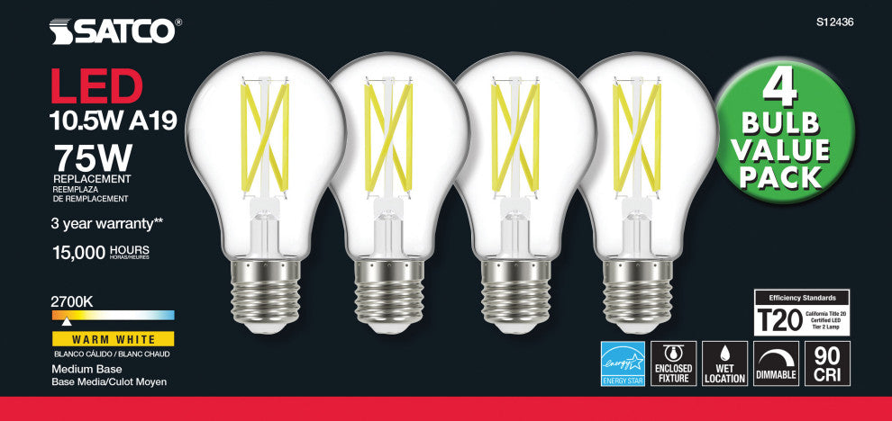 10.5W A19 LED, 75W Replacement, Clear, Medium Base, 2700K, 120V, 4-Pack