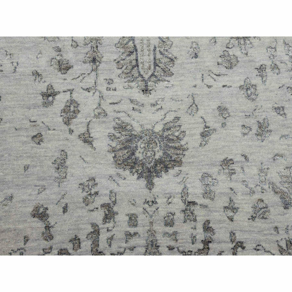 Gray, Wool and Silk Hand Knotted, Persian Erased Heriz Design Rug, 9'10"x14'3"