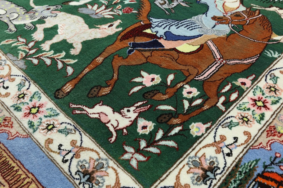 Signed Hand Knotted Authentic Persian Isfahan Hunting Scene Wool/Silk Rug, 4x7