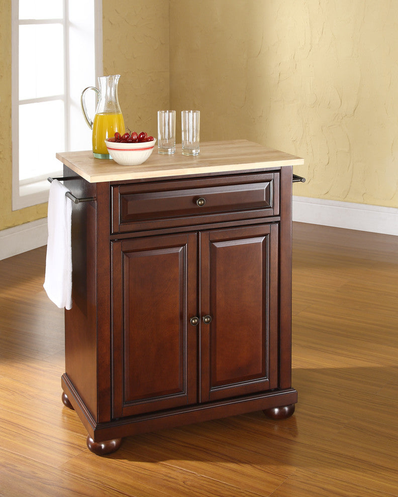 Alexandria Natural Wood Top Portable Kitchen Island, Vintage Mahogany Finish