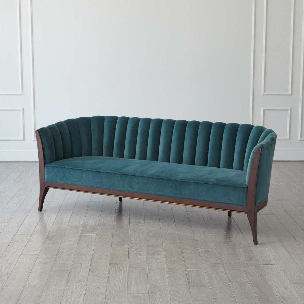 Dragonfly Aqua Blue Velvet Channel Back Sofa Vintage Style Retro Curved 3 Seat
