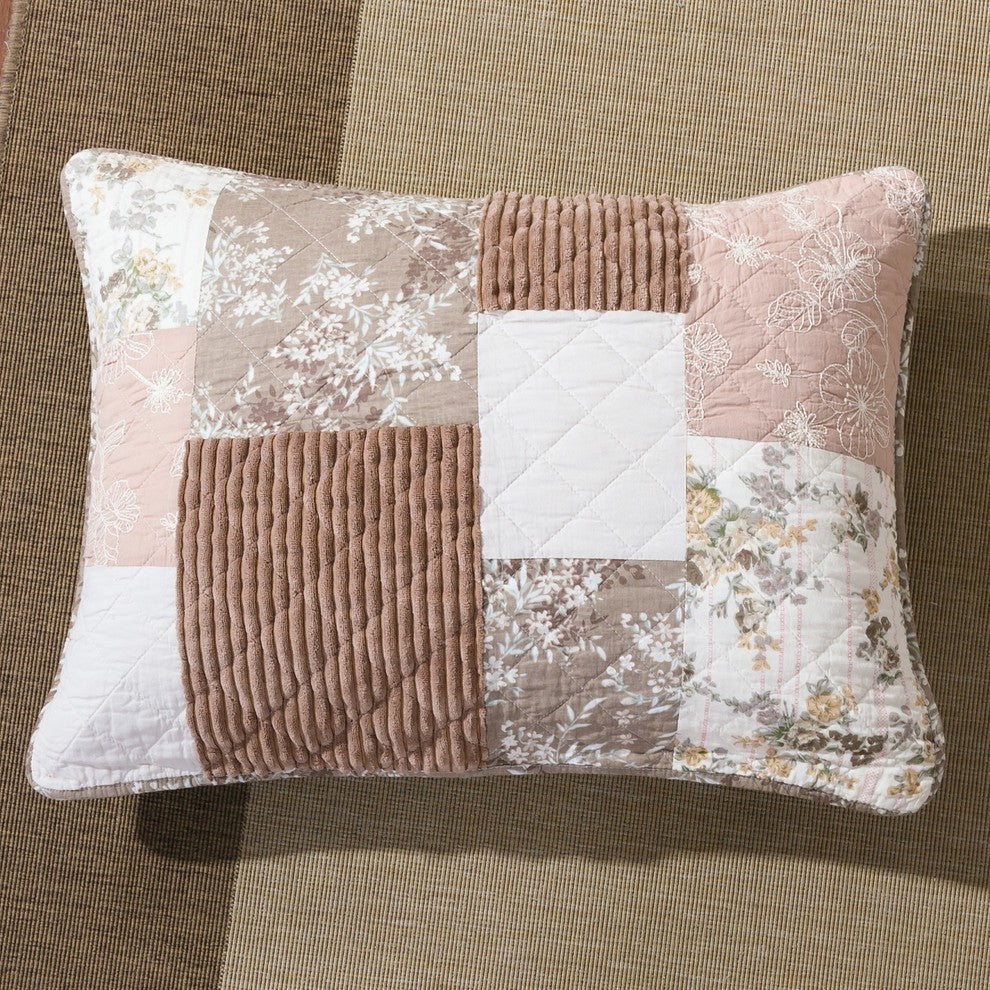 Bohemian Patchwork Dusty Rose Pink & Chocolate Brown Floral Bedspread Set, Twin