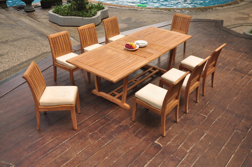 9-Piece Outdoor Teak Dining: 94" Masc Rectangle Table, 8 Lagos Armless Chairs