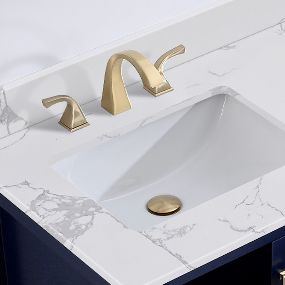 36" W Freestanding Bath Vanity, Navy Blue with Fish Belly Engineered Top