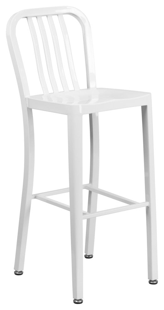 30" High White Metal Indoor-Outdoor Barstool With Vertical Slat Back