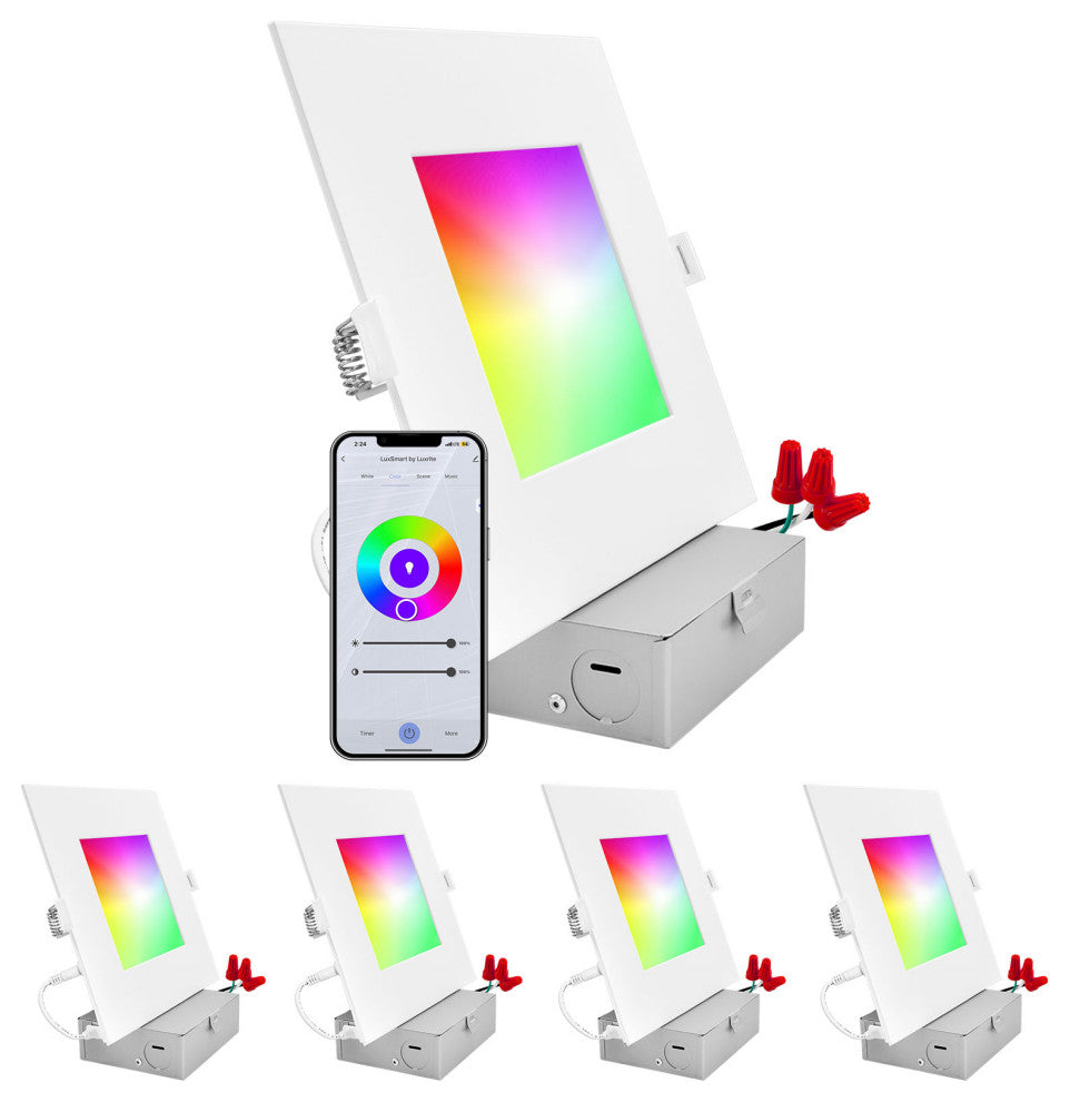 Luxrite 6" Square Smart LED Recessed Light RGBW Color Changing 4-Pack