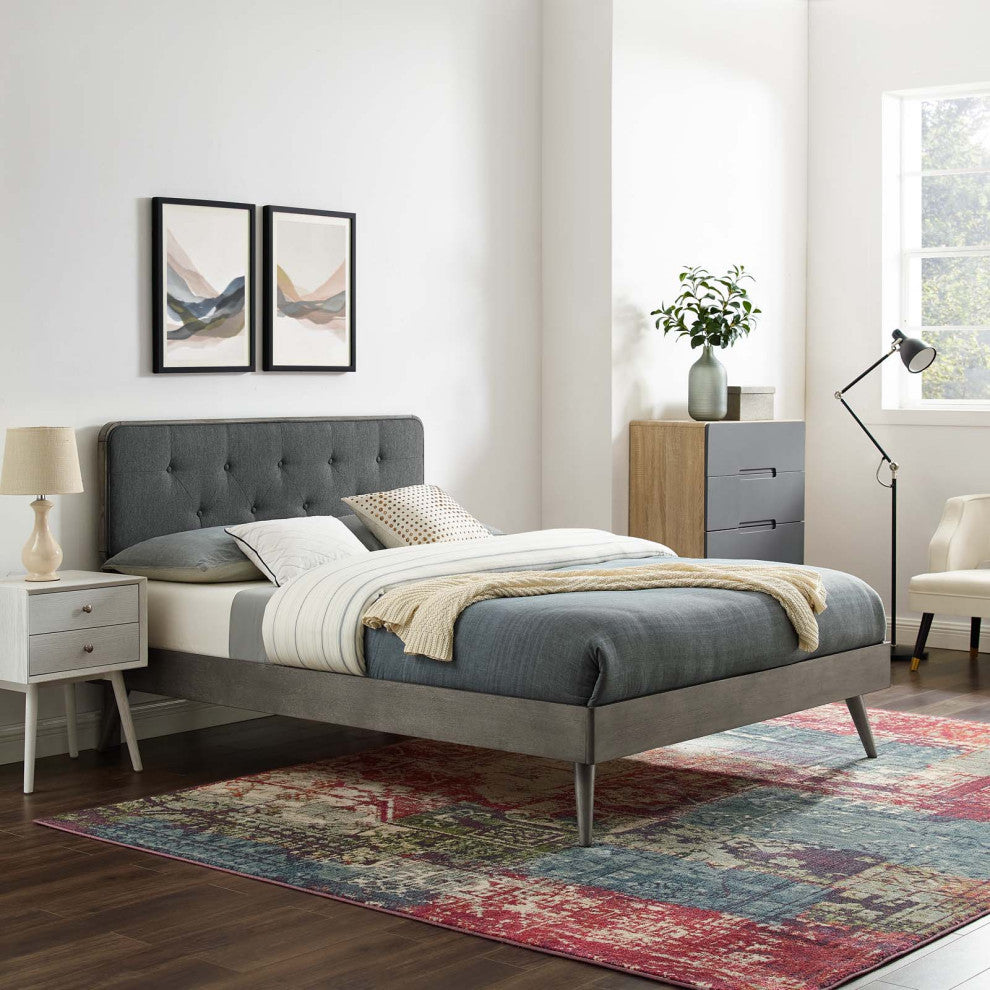 Platform Bed Frame, Full Size, Wood, Grey Gray, Modern Contemporary, Bedroom
