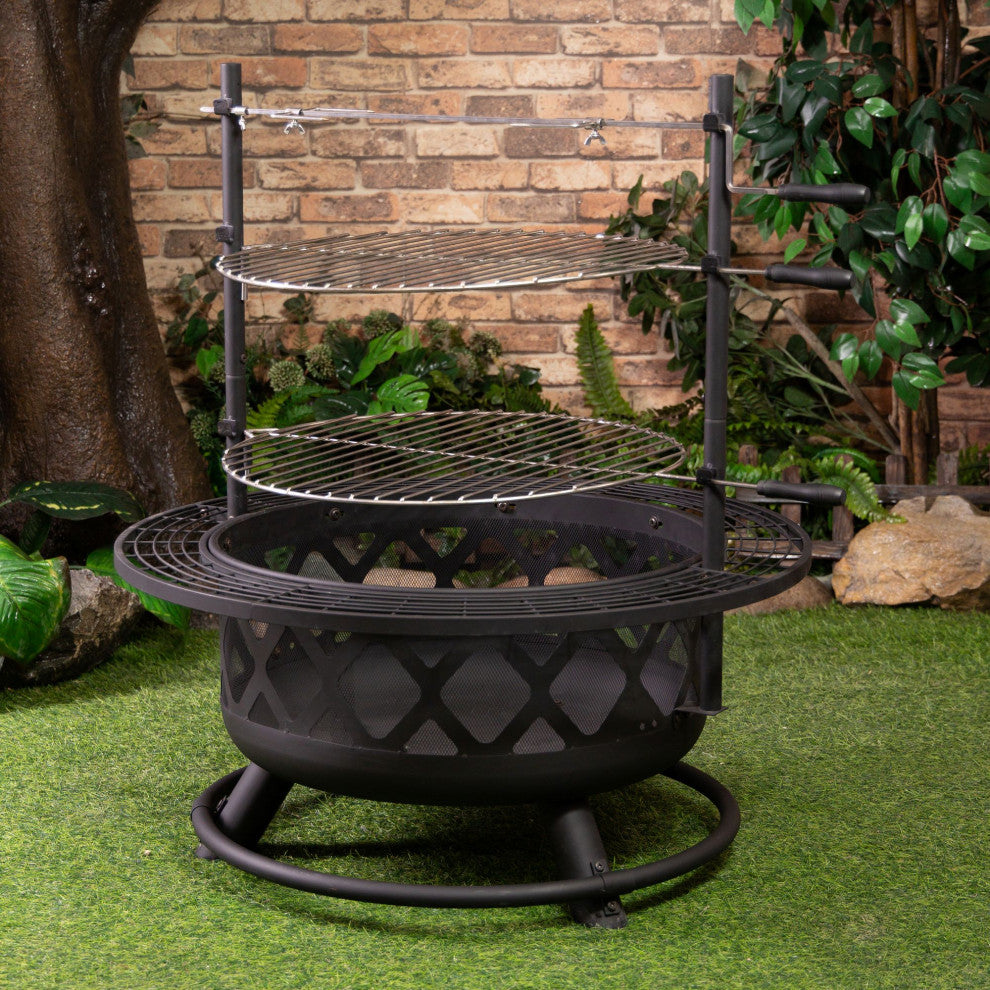 33" Diameter Outdoor Steel Woodburning Fire Pit Grill and Rotisserie
