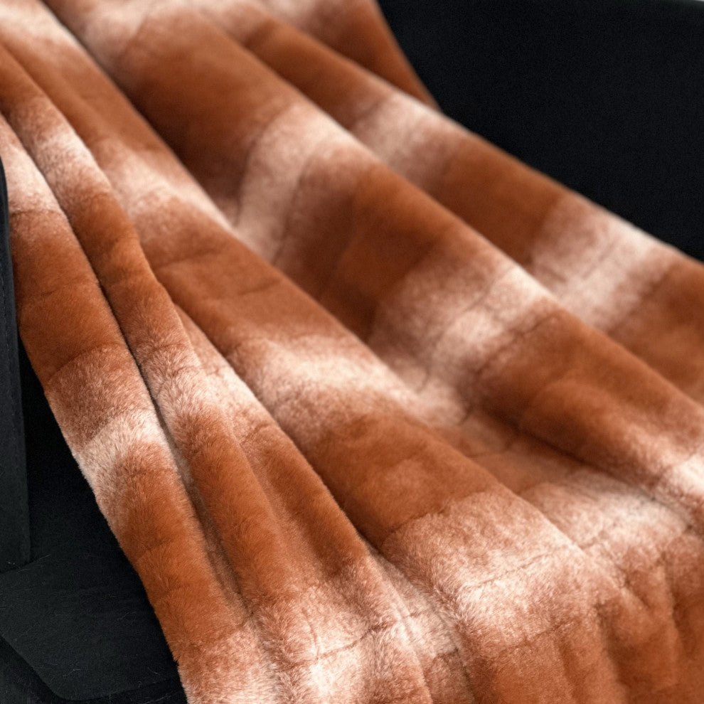 Plutus Orange Brown Furever Faux Fur Throw Blanket, 80"L x 110"W Full