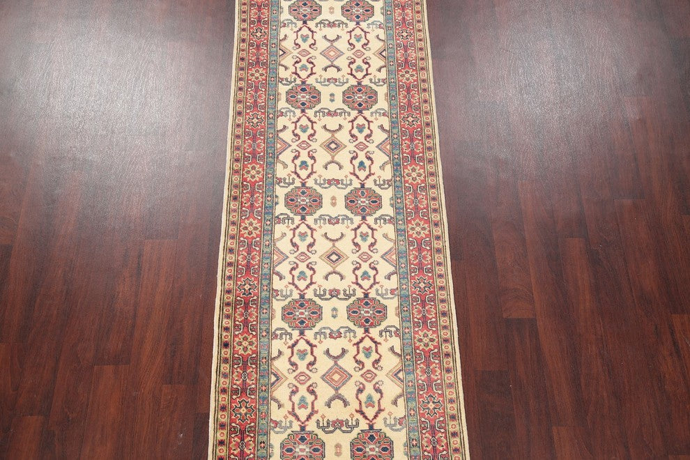 Traditional Kazak Oriental Hand-Knotted Pakistani Runner Rug, Beige, 9'5"X3'0"