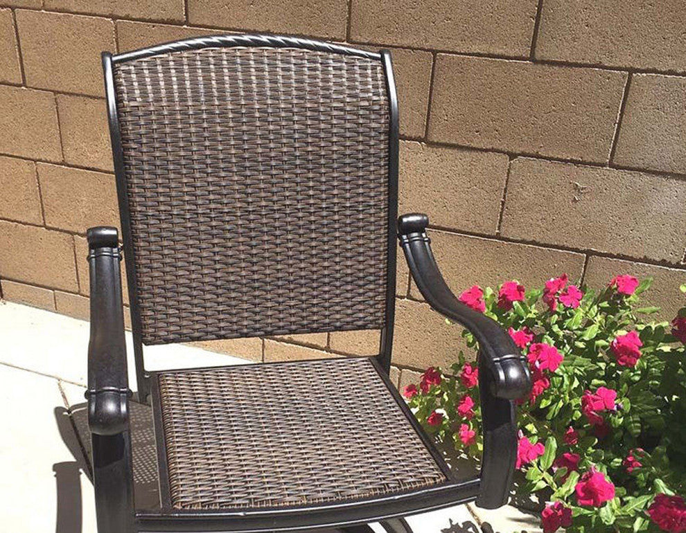 Propane Fire Pit Dining Table Set Cast Aluminum Wicker Furniture, 7 Piece, Patio