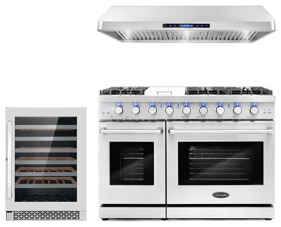 3-Piece, 48" Gas Range 48" UC Range Hood and 48 Bottle Wine Refrigerator