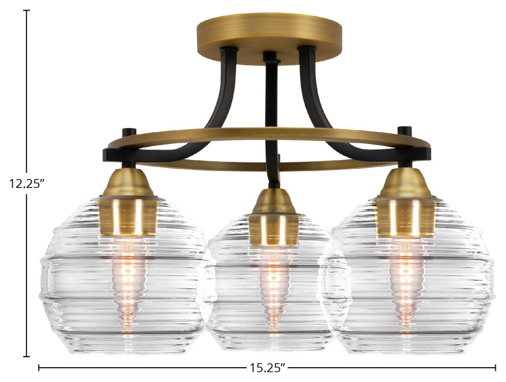 Paramount 3-Light Semi-Flush Light, Matte Black & Brass, 6" Clear Ribbed Glass