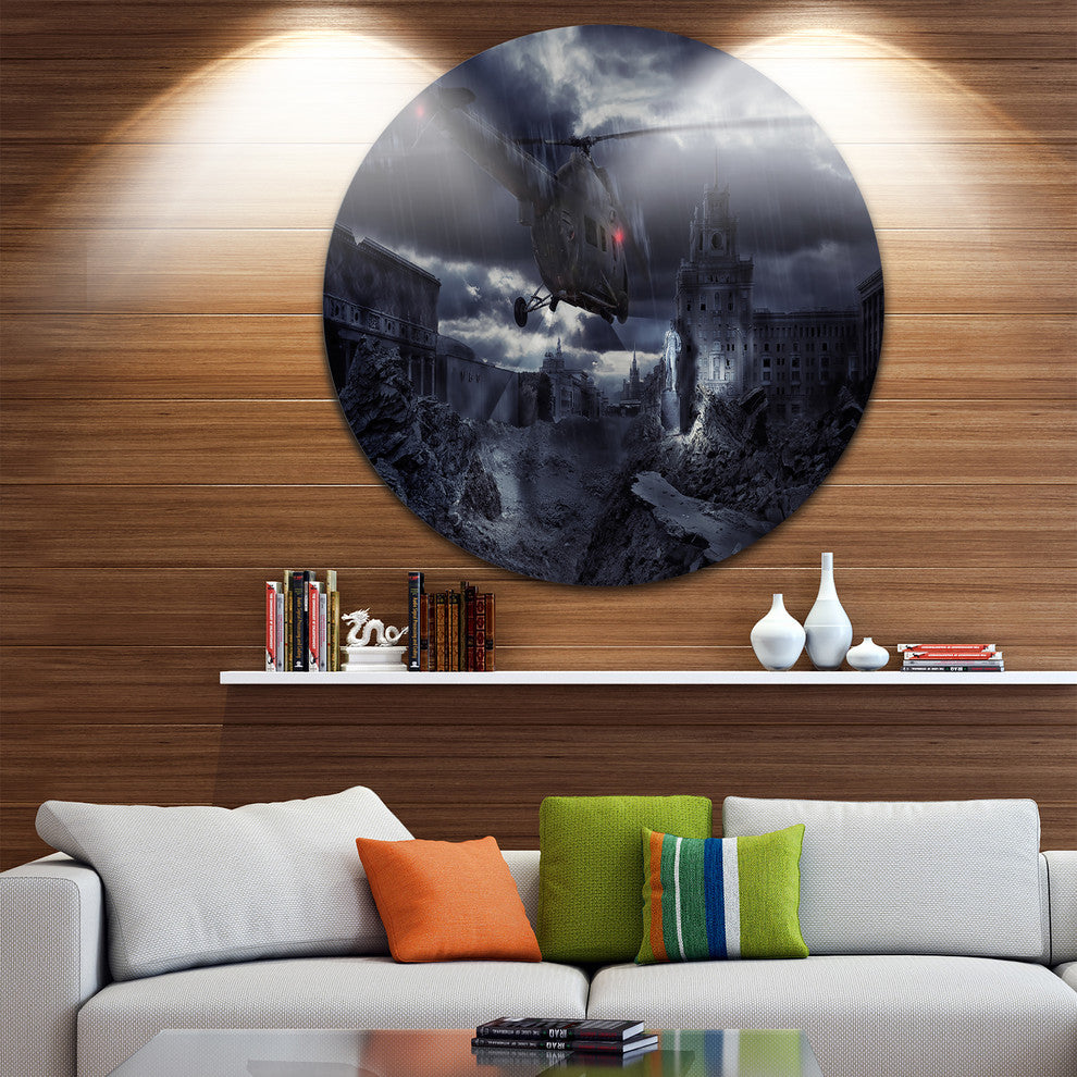 Helicopter Over Storm Ruined City, Photo Round Metal Wall Art, 11"