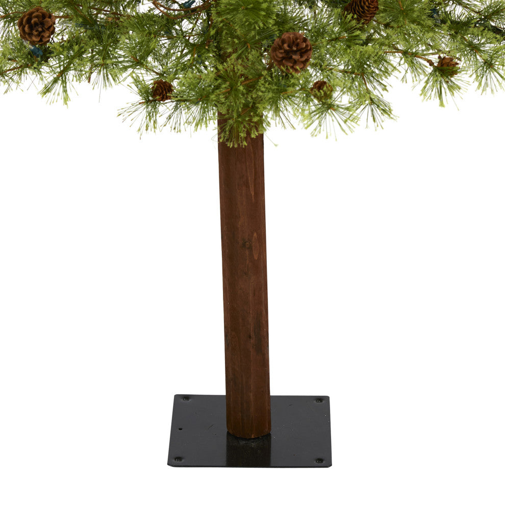 6' Wyoming Alpine Faux Xmas Tree W/ Clear Lights & Pine Cones on Natural Trunk