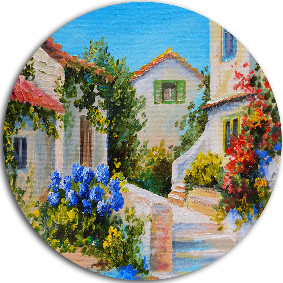 Houses Near Sea, Landscape Disc Metal Artwork, 11"