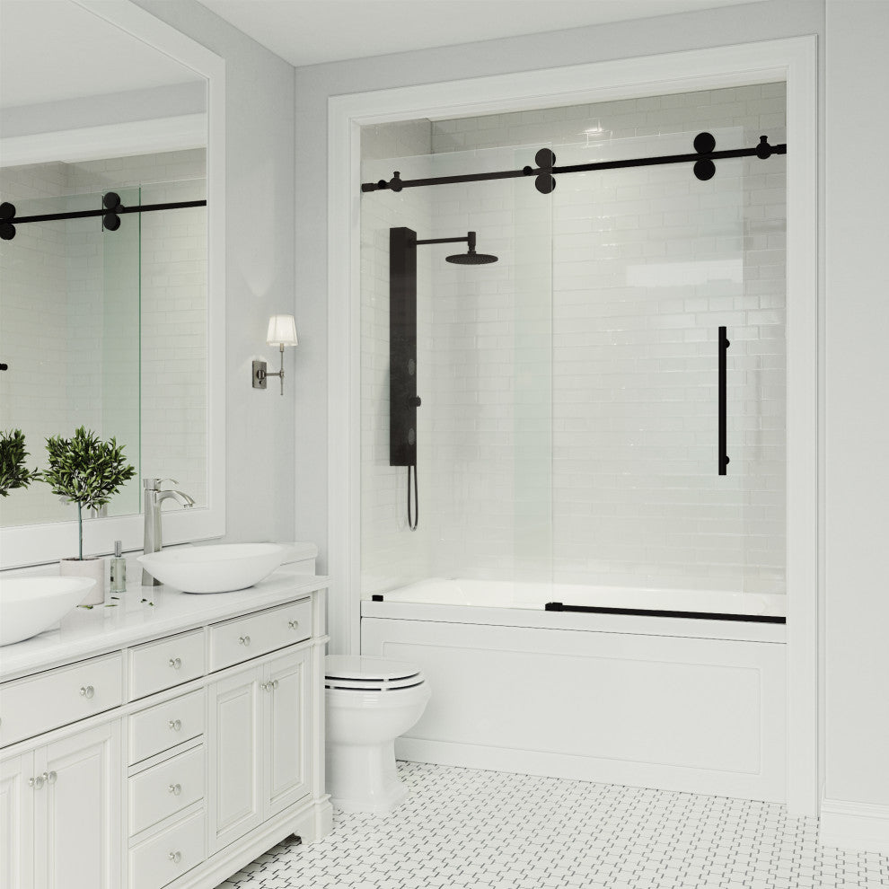 VIGO Elan 56" to 60" W x 66" H Frameless Sliding Tub Door, Matte Black, Clear Glass