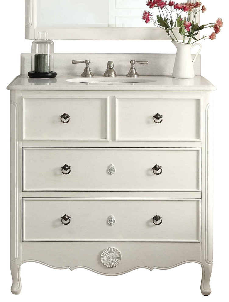 34 Inch Distressed Antique White Daleville Cottage Style Bathroom Sink Vanity, Antique White, 34''