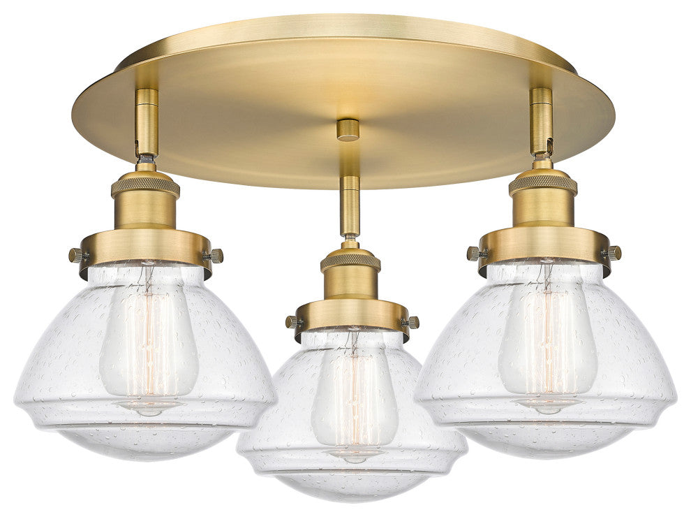Olean-3 Light 18" Flush Mount-Brushed Brass, Seedy Glass Shade