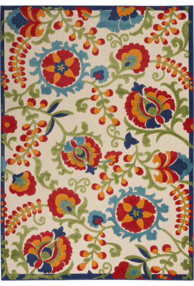 6' X 9' Green And Ivory Floral Indoor Outdoor Area Rug