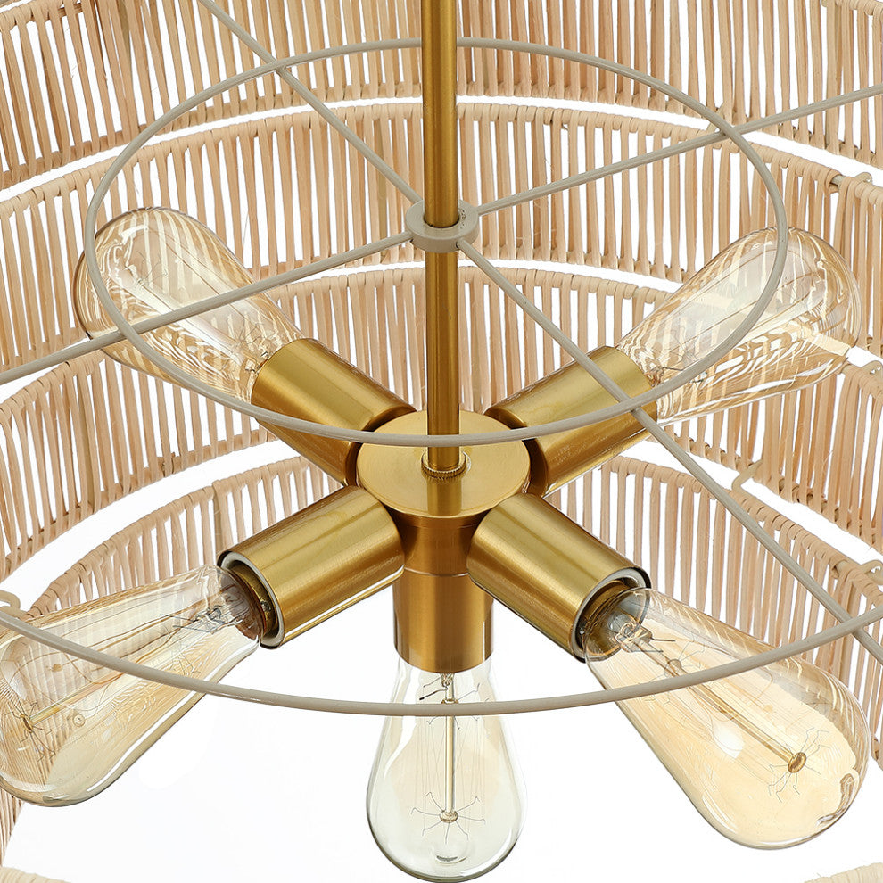 26" W 5-Light Brass Modern Bohemian Chandelier With Tiered Rattan Shade